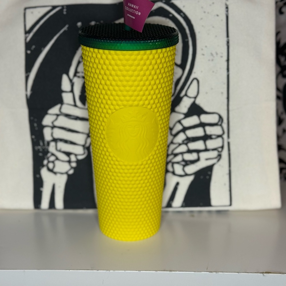 Starbucks Textured Yellow Tumbler with Dark Green Lid